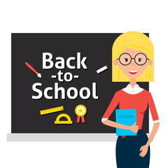 Teacher with Glasses and Book and Back to School Blackboard. Vector Illustration of Lady People Character isolated over White. Flat Style Education Concept.