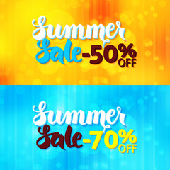 Summer Sale Web Promo Banners over Blurred Background. Vector Illustration of Website Templates for Shop Commercial Promotion.