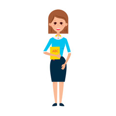 Fototapeta na wymiar Woman Teacher with Book. Flat Style Vector Illustration of People Professor Character isolated over White.