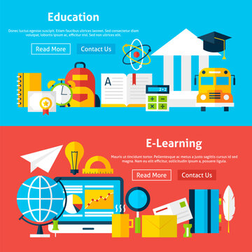 Education and E Learning Flat Web Banners. Vector Illustration for Website banner and landing page. Set of Online Tutorial Services Modern Design.
