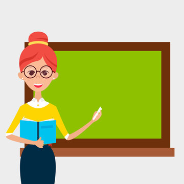 Lady Teacher with Glasses and Book and Empty Chalkboard. Vector Illustration of People Character isolated over White. Back to School. Flat Style Education Concept.