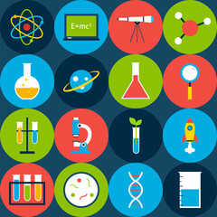 Dark Tile Science Background with Circles. Flat Style Vector Seamless Pattern. Education and School.