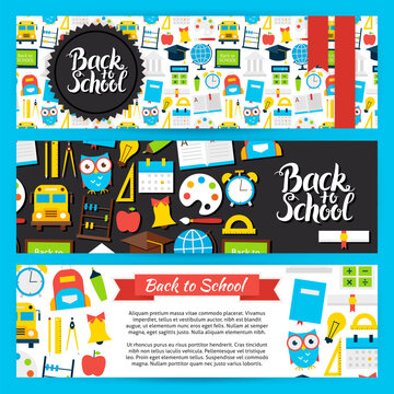 Back to School Horizontal Banners. Flat Style Design Vector Illustration of Brand Identity for Knowledge and Science Promotion.