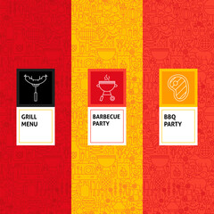 Line Barbecue Patterns Set. Vector Illustration of Logo Design. Template for Packaging with Labels.