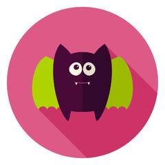 Cute Bat Circle Icon. Flat Design Vector Illustration with Long Shadow. Happy Halloween Symbol.