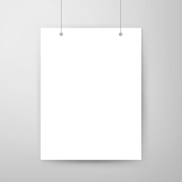 Empty Poster Template. Vector Illustration of Paper Sheet for Presentation Hanging on a Thread.