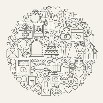 Wedding Line Icons Circle. Vector Illustration of Save the Date Love Outline Objects.