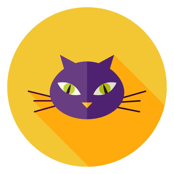 Cat Face Circle Icon. Flat Design Vector Illustration with Long Shadow. Witch Animal Symbol.