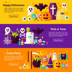 Halloween Web Horizontal Banners. Flat Style Vector Illustration for Website Header. Trick or Treat Objects.