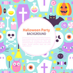Halloween Party Trendy Background. Flat Style Vector Illustration for Scary Holiday Promotion. Colorful Trick or Treat Objects.