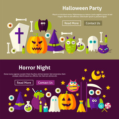 Halloween Party Website Banners. Vector Illustration for Web Header. Horror Night Modern Flat Design.