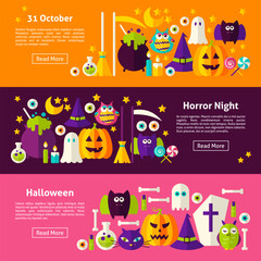 Happy Halloween Web Horizontal Banners. Flat Style Vector Illustration for Website Header. Trick or Treat Objects.