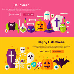 Happy Halloween Website Banners. Vector Illustration for Web Header. Trick or Treat Modern Flat Design.