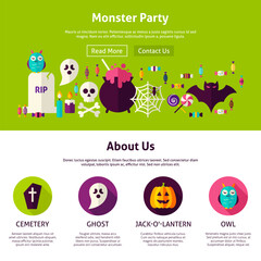 Monster Party Web Design Template. Flat Style Vector Illustration for Website Banner and Landing Page. Happy Halloween.
