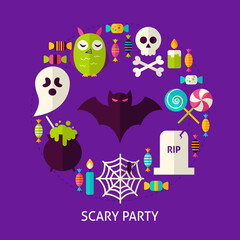 Scary Halloween Party Flat Concept. Poster Design Vector Illustration. Set of Trick or Treat Objects.