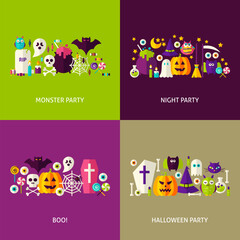 Scary Halloween Concepts Set. Flat Design Vector Illustration. Collection of Trick or Treat Colorful Objects.