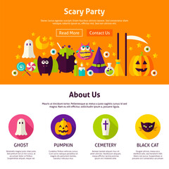 Scary Party Web Design Template. Flat Style Vector Illustration for Website Banner and Landing Page. Happy Halloween.