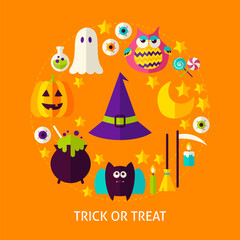 Obraz premium Trick or Treat Flat Concept. Poster Design Vector Illustration. Set of Happy Halloween Objects.