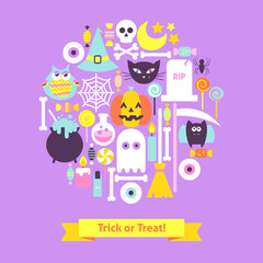 Trick or Treat Halloween Trendy Concept. Flat Design Vector Illustration. Set of Scary Party Items.