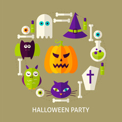 Naklejka premium Halloween Party Greeting Card. Poster Design Vector Illustration. Trick or Treat Flyer.