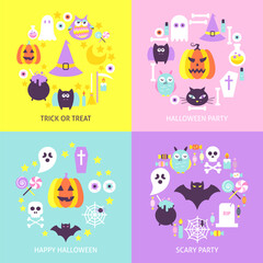 Halloween Trendy Concepts Set. Flat Design Vector Illustration. Collection of Trick or Treat Posters.