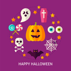 Happy Halloween Greeting Card. Flat Poster Design Vector Illustration. Collection of Trick or Treat Objects.