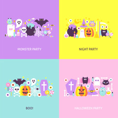 Trendy Halloween Concepts Set. Flat Design Vector Illustration. Collection of Trick or Treat Colorful Objects.