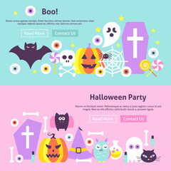 Trendy Halloween Web Banners. Vector Illustration for Web Header. Halloween Boo Modern Flat Design.