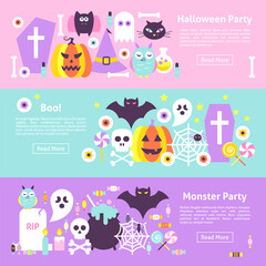 Obraz premium Trendy Halloween Web Horizontal Banners. Flat Style Vector Illustration for Website Header. Trick or Treat Objects.