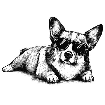 laying corgi wearing sunglasses illustration, laying dog sketch
