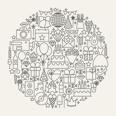 Birthday Party Line Icons Circle. Vector Illustration of Celebration Outline Objects.