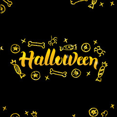 Fototapeta na wymiar Halloween Gold Lettering over Black. Vector Illustration of Seasonal Holiday Calligraphy with Golden Decoration.