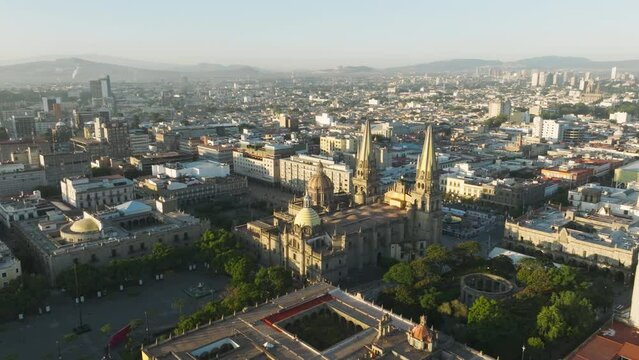 Catedral de Guadalajara Centro Dia Drone Aerial Mexico. the Guadalajara Cathedral touristic landmark in Mexico 4K. Aerial of historical building main landmark in Guadalajara in golden sunrise light 4K