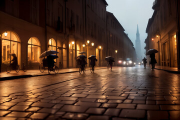 Fototapeta na wymiar Evening streets of the old town with bright orange lanterns reflecting off the wet cobblestones in the rain with fog and silhouettes of crowds of people with umbrellas and on bicycles. Generative AI.