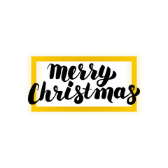 Merry Christmas Greeting Card. Vector Illustration of Black Calligraphy with Golden Frame Decoration.