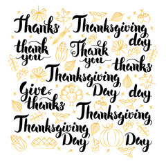 Thanksgiving Day Lettering Design Set. Vector Illustration of Thank You Calligraphy over White.
