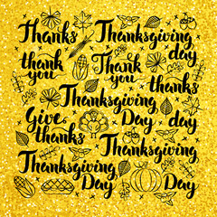 Thanksgiving Day Gold Lettering Design. Vector Illustration of Hand Drawn Thank You Calligraphy.