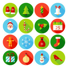 Christmas Flat Icons. Vector Illustration. Winter Holiday. Collection of Circle Items with Long Shadow.
