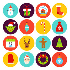 Flat Happy New Year Icons. Vector Illustration. Winter Holiday. Collection of Circle Symbols.
