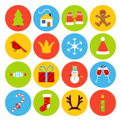 Flat New Year Icons. Vector Illustration. Merry Christmas Holiday. Collection of Circle Symbols.