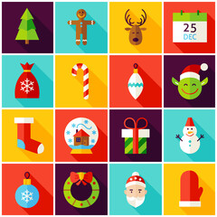 Fototapeta premium Happy New Year Colorful Icons. Vector Illustration. Winter Holiday. Collection of Square Symbols with Long Shadow.