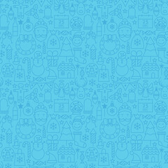 Line Christmas Blue Seamless Pattern. Vector Winter Tile Background in Modern Outline Style. Happy New Year.