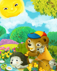 Naklejka premium cartoon scene forest animals friends fishing illustration