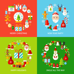 Merry Christmas Concepts Set. Flat Design Vector Illustration. Collection of Winter Holiday Posters.