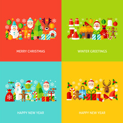 New Year Greeting Set. Flat Design Vector Illustration. Collection of Christmas Posters.