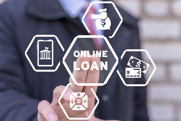 Businessman using virtual touch screen presses inscription: ONLINE LOAN. Concept of online banking or loan service. Instant loan.