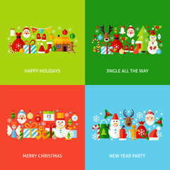 Merry Christmas Greeting Set. Flat Design Vector Illustration. Collection of Winter Holiday Posters.