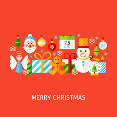 Merry Christmas Greeting Concept. Poster Design Vector Illustration. Set of Winter Holiday Objects.