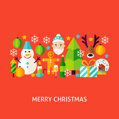 Merry Christmas Greeting Poster. Flat Design Vector Illustration. Winter Holiday Flyer.