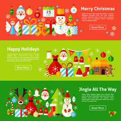 Merry Christmas Web Horizontal Banners. Flat Style Vector Illustration for Website Header. Winter New Year Objects.